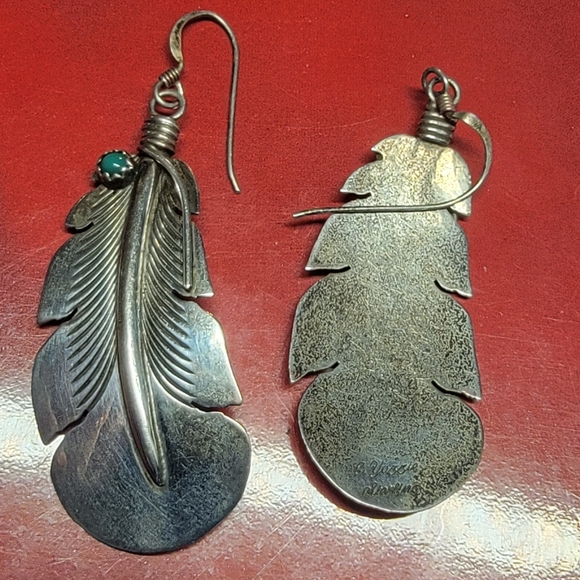 Sterling Silver Feather and Turquoise Earrings - Picture 2 of 6
